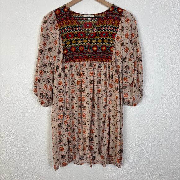 Umgee Printed Babydoll Tunic Dress Boho Folk Free Spirited Size Small - Picture 1 of 6